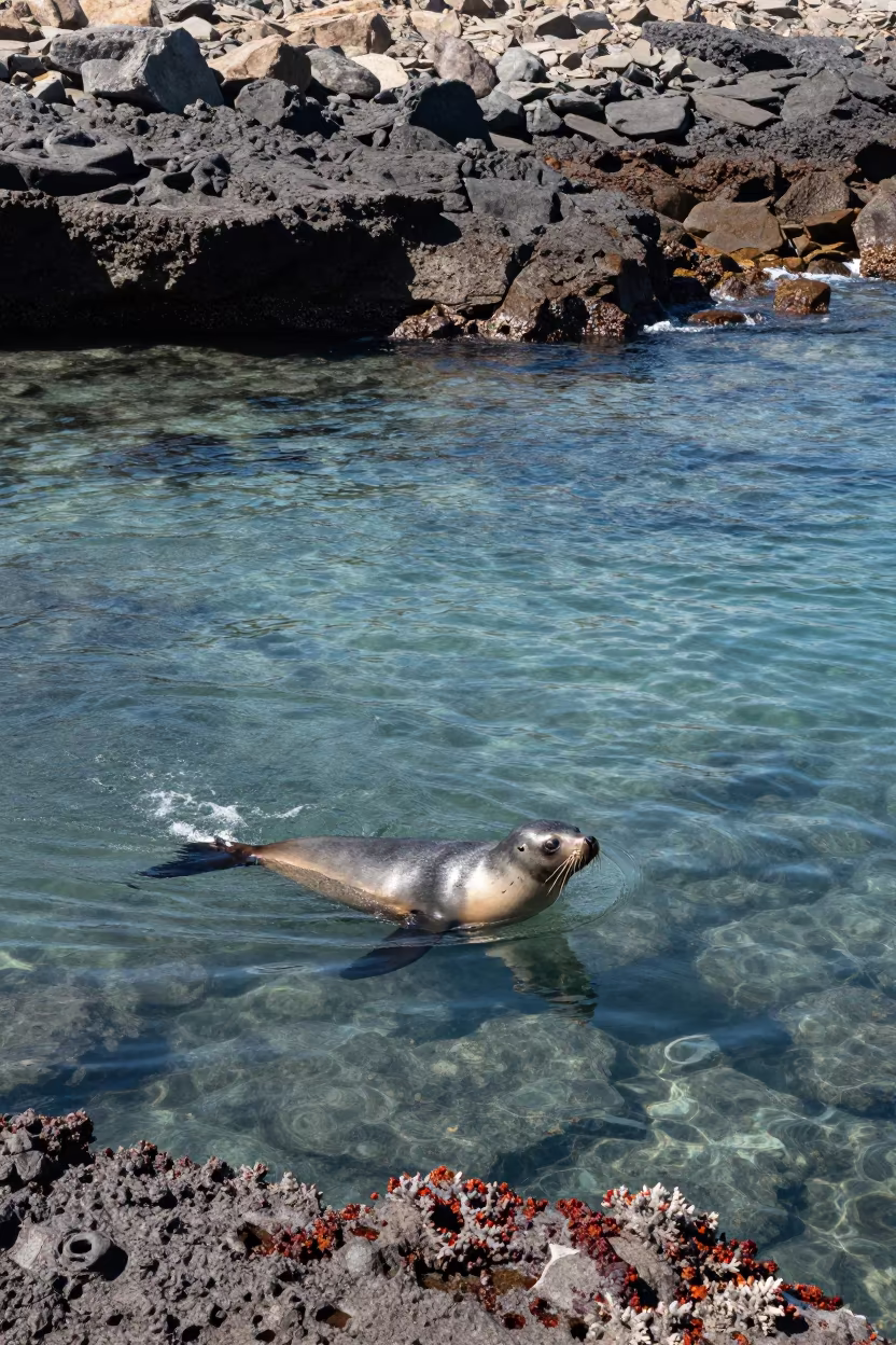 Fur Seal Pup Swimming Rocky Cove Monsoon Light in above a cold-water reef edge near Salvador