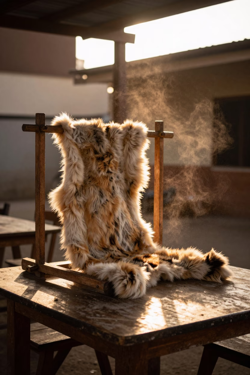 Furrier Stretches Pelt on Frame by Dar es Salaam Window in on a cafe table by a window in Dar es Salaam