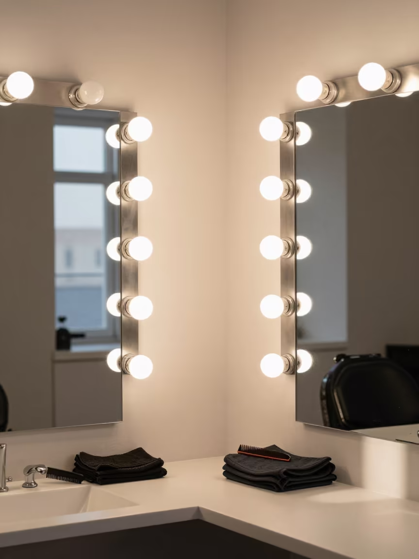 Fuzhou Barber Station Heat Mat Rack in Morning Light in at a barber station beneath mirror bulbs in Fuzhou