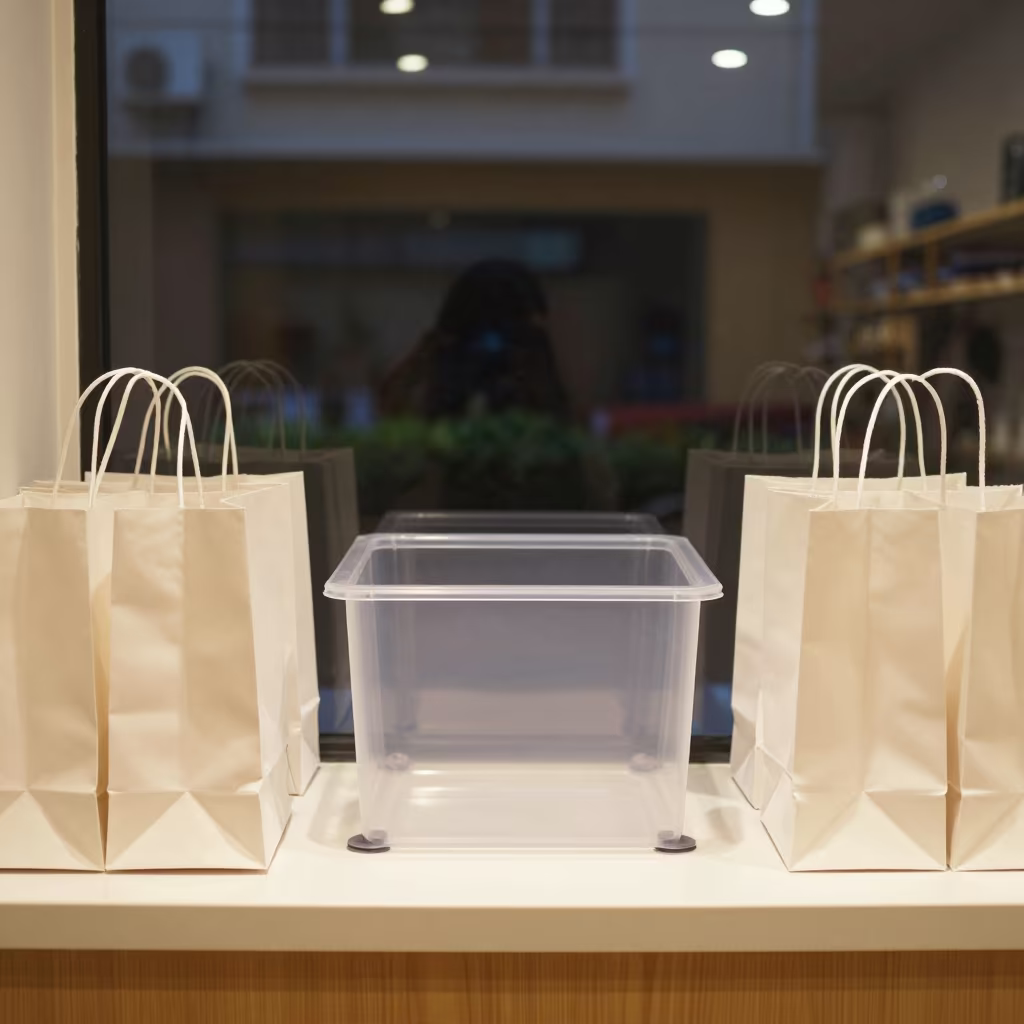 Fuzhou Cash Wrap Bin with Stacked Bags in at a cash wrap counter with bags stacked nearby in Fuzhou