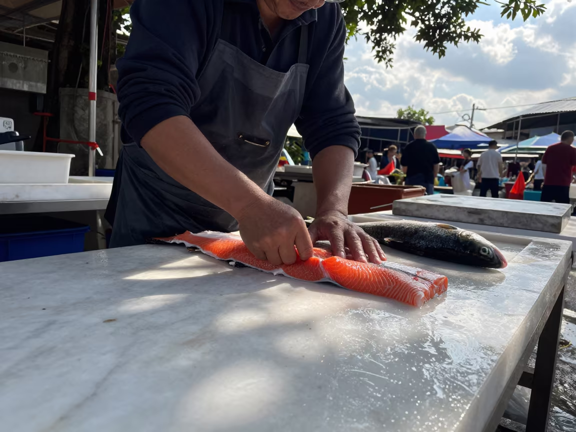 Fuzhou Fish Vendor Filleting Salmon in Dappled Light in beside a fish counter in Fuzhou