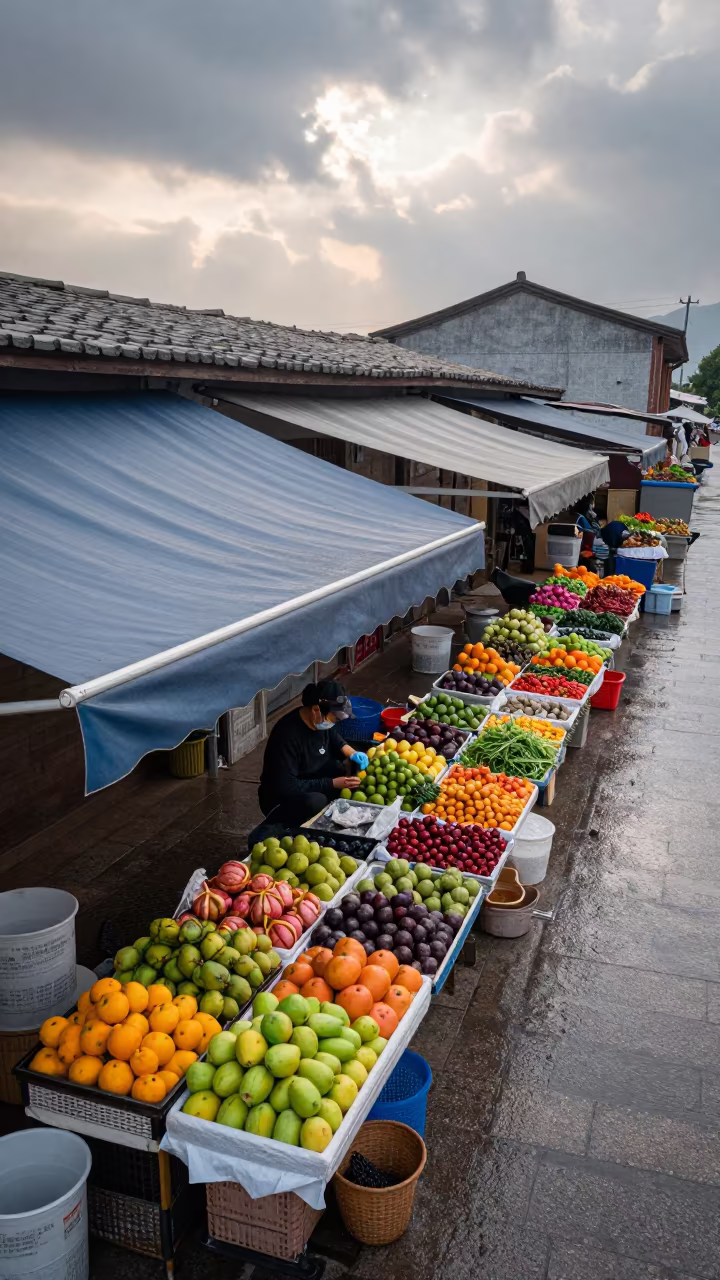 Fuzhou Market Fruit Vendor Dawn Light in at a roadside fruit stand in Fuzhou
