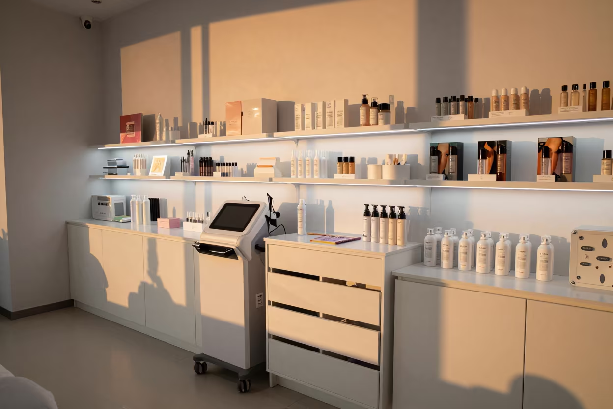 Fuzhou Spray Tan Drawer Under Golden Sunset Light in in a beauty supply area under white LEDs near Fuzhou