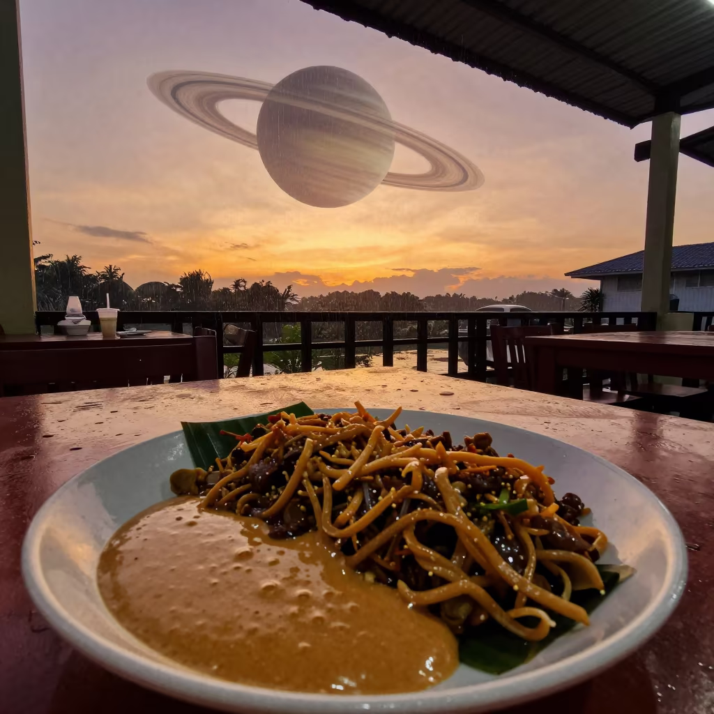 Gado Gado Under Ringed Planet Horizon in at a roadside diner table in Vitarte