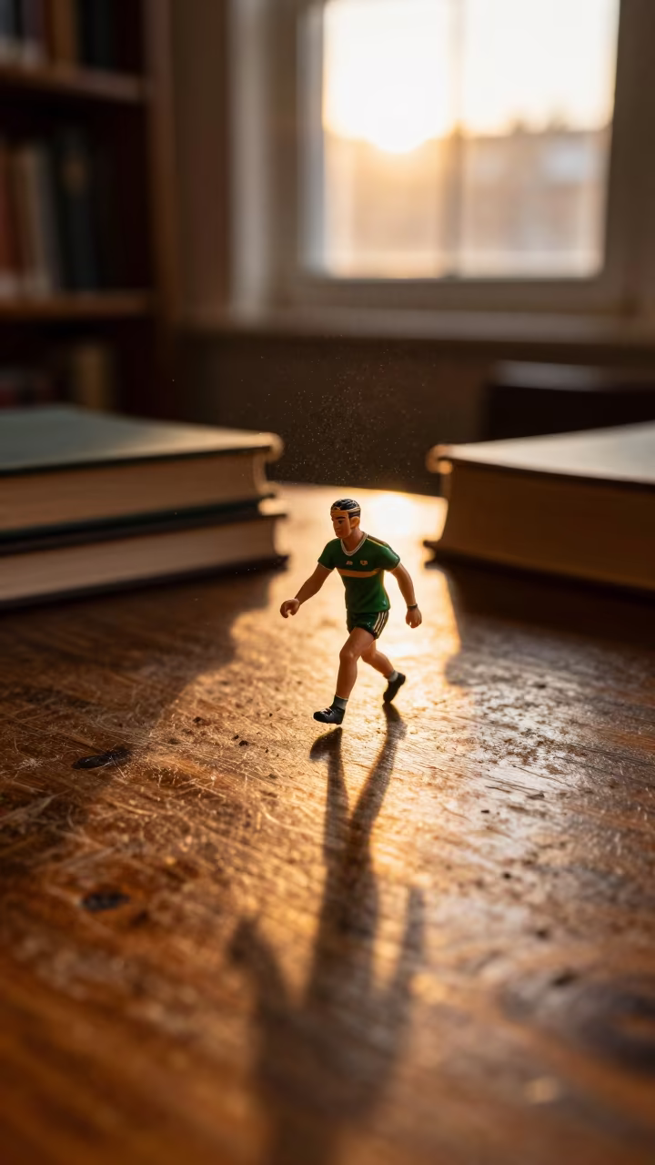 Gaelic Footballer Fist Pass on Library Table in on a dusty library table near Jakarta
