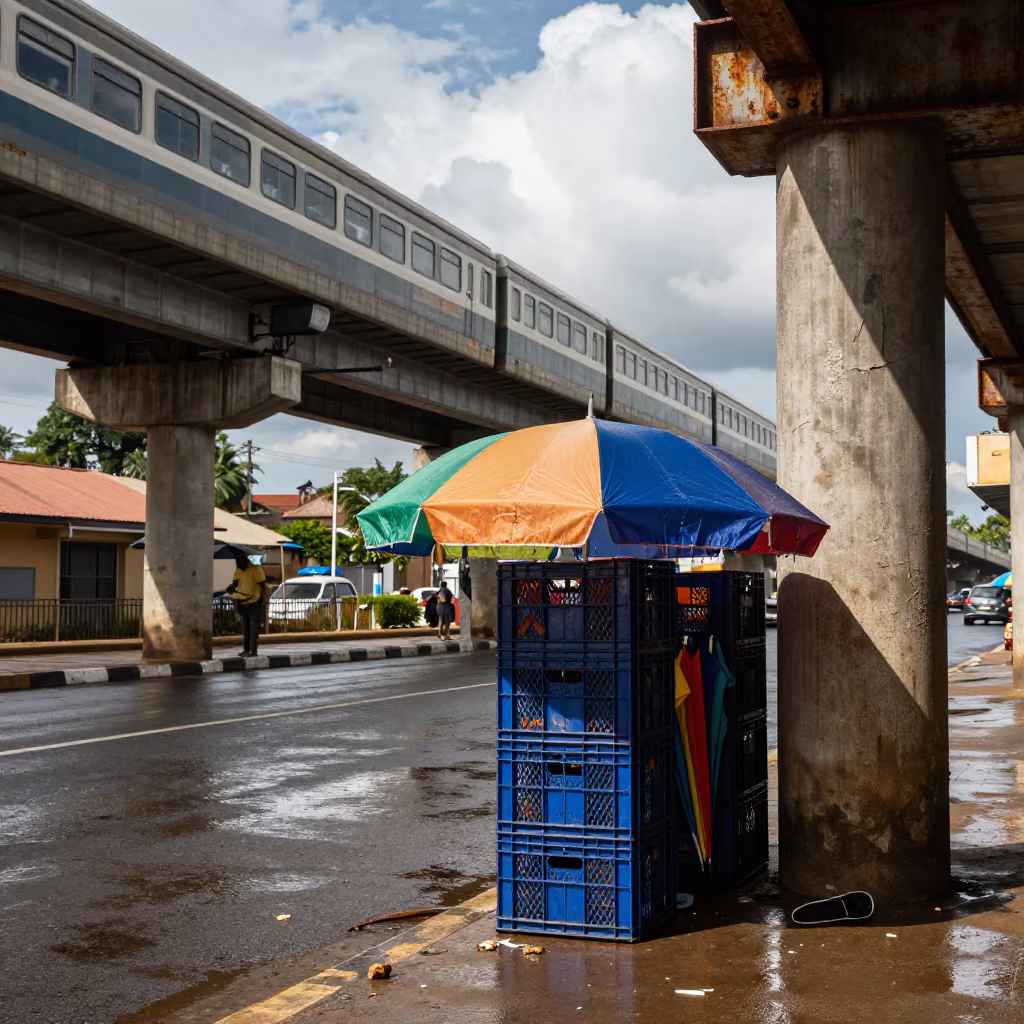 Gagnoa Delivery Crate Stack Under Elevated Train in under an elevated train line in Gagnoa