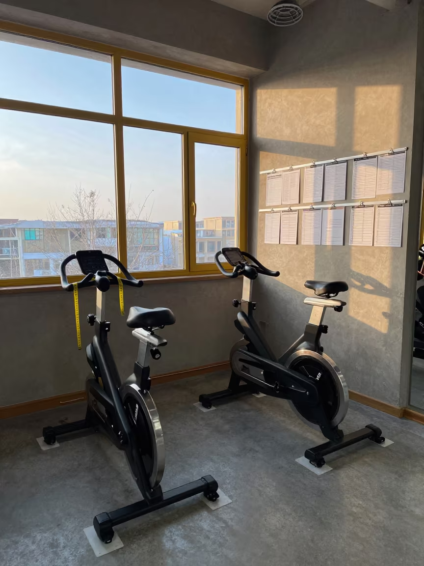 Gait Markers and Programs in Tehran Spin Studio in inside a spin studio under class lights in Grand Bazaar, Tehran