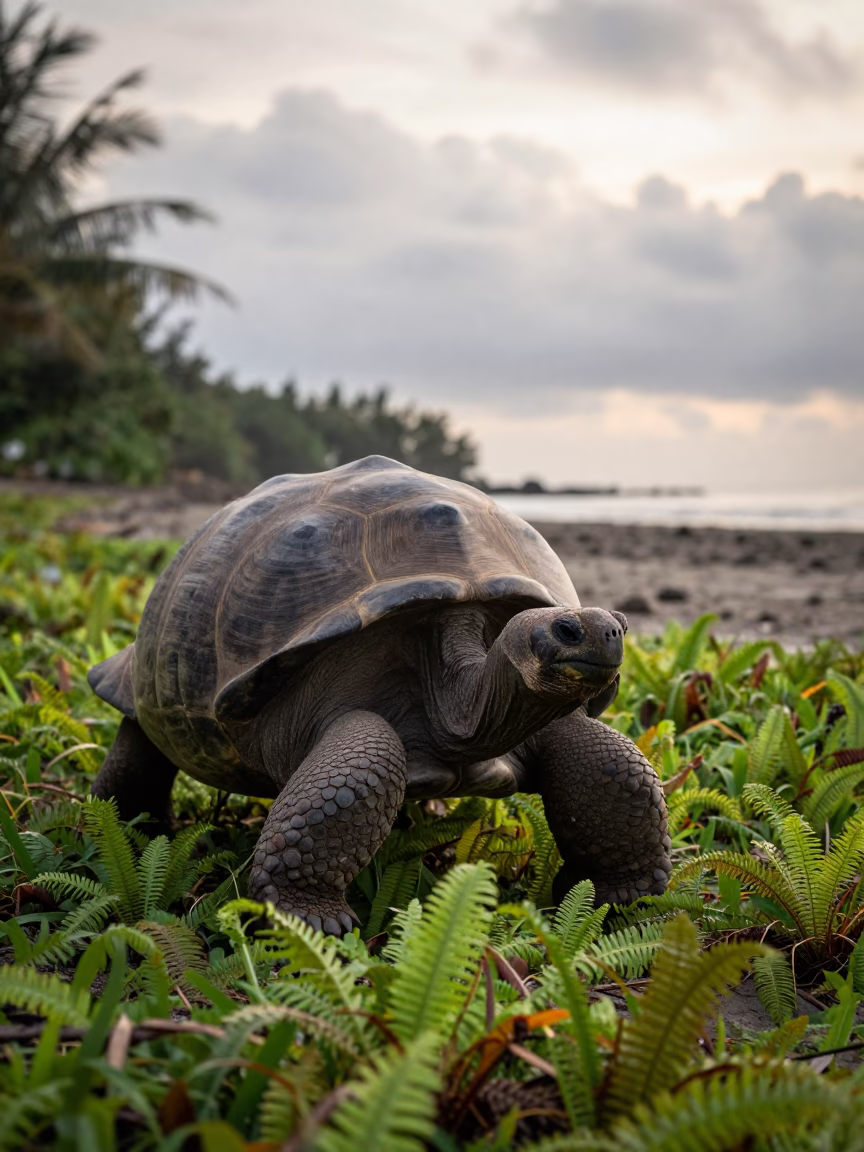 Galapagos Tortoise Among Ferns Vietnam Inlet in beside a tidal inlet in Vietnam