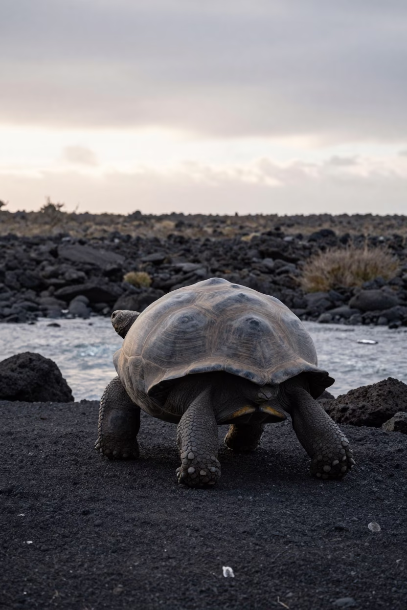 Galapagos Tortoise Near Glacial Stream in above a glacial stream in the Dead Sea