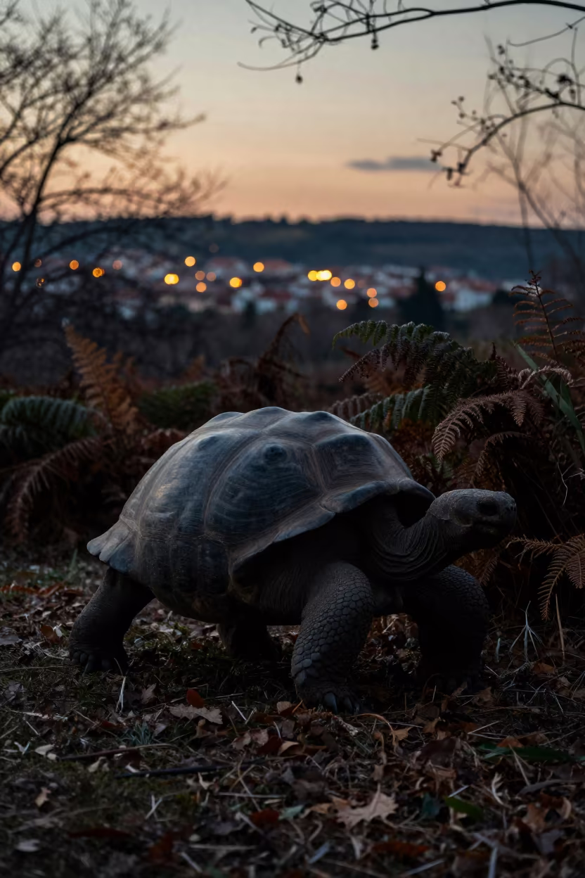 Galapagos Tortoise Silhouette in Croatian Twilight Ferns in in Croatia