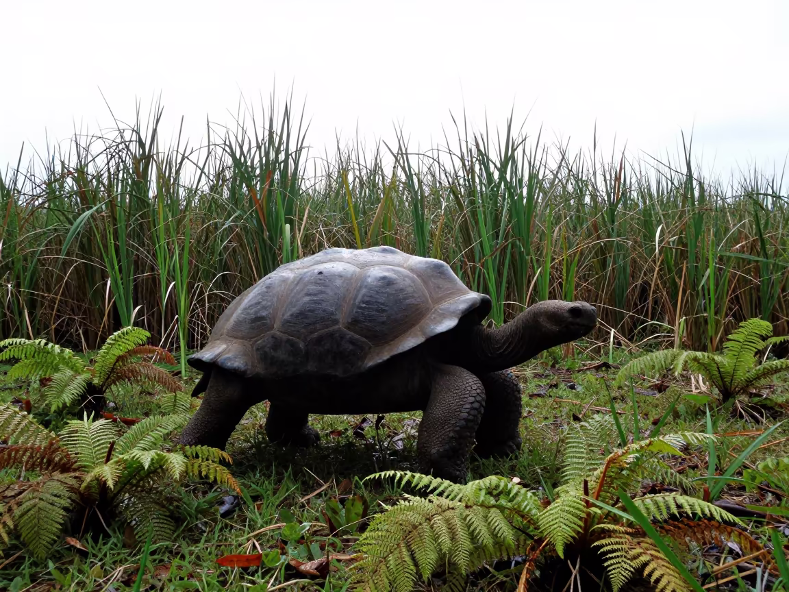 Galapagos Tortoise Silhouette in Noon Light in at the edge of a reed bed near Kingston