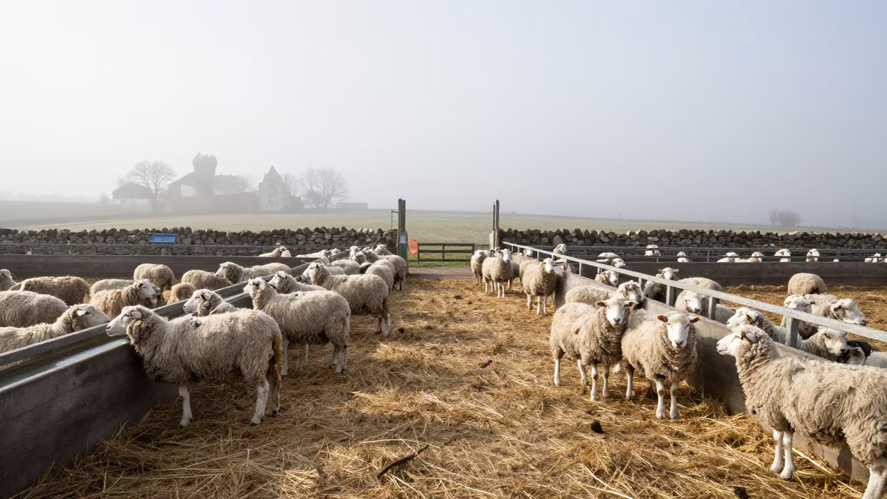Galician Lambing Barn with Ewes and Straw in near a windbreak and water trough in Galicia