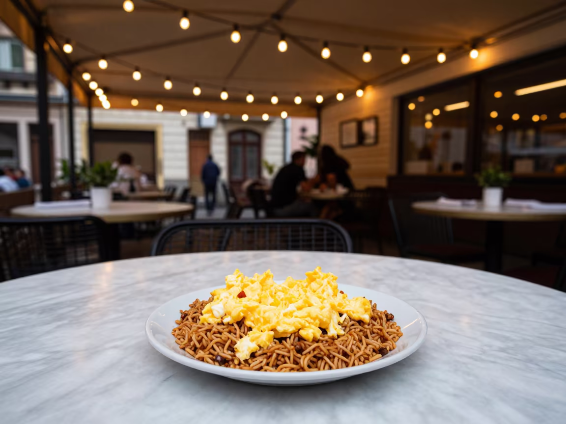 Gallo Pinto and Eggs on Marble Cafe Table in on a marble cafe table in Cluj-Napoca