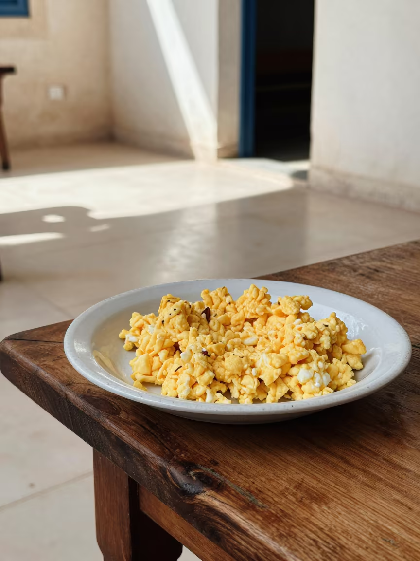 Gallo Pinto and Eggs on Rustic Table in on a rustic wooden table in Algiers