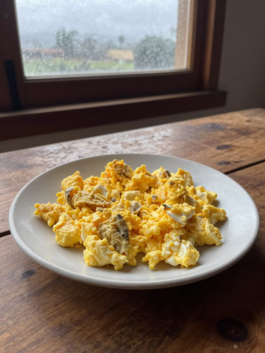 Gallo Pinto and Eggs on Rustic Table in on a rustic wooden table in Hargeisa