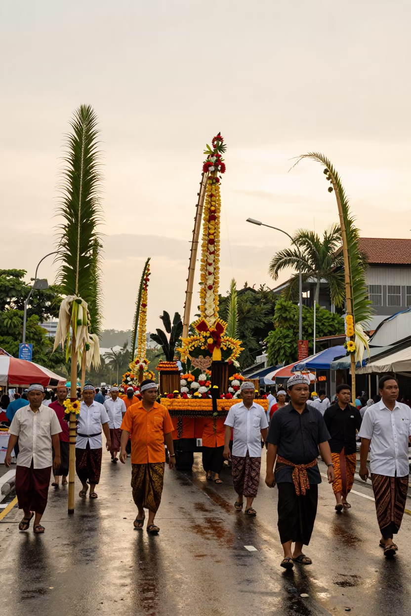 Galungan Festival Penjor Poles Kuala Lumpur Street in at a festival street procession in Kuala Lumpur