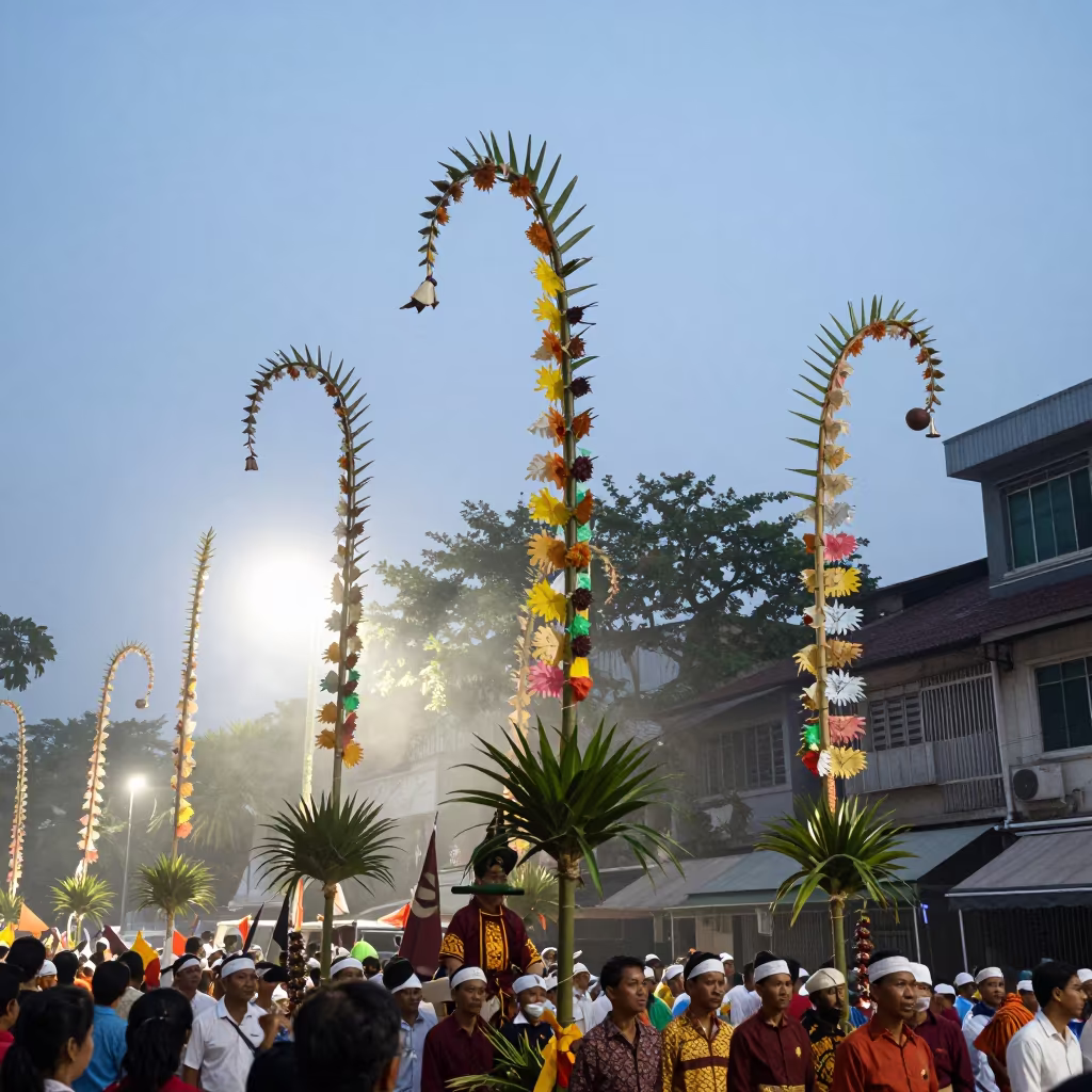 Galungan Penjor Poles Chow Kit Street Procession in at a festival street procession in Chow Kit, Kuala Lumpur