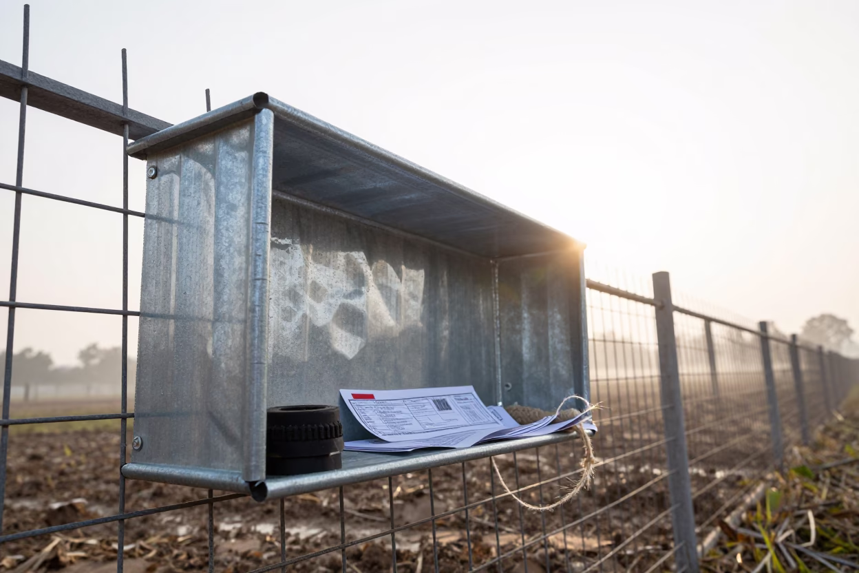 Galvanized Hose Shelf After Storm in Anhui Paddock in along a muddy paddock fence in Anhui