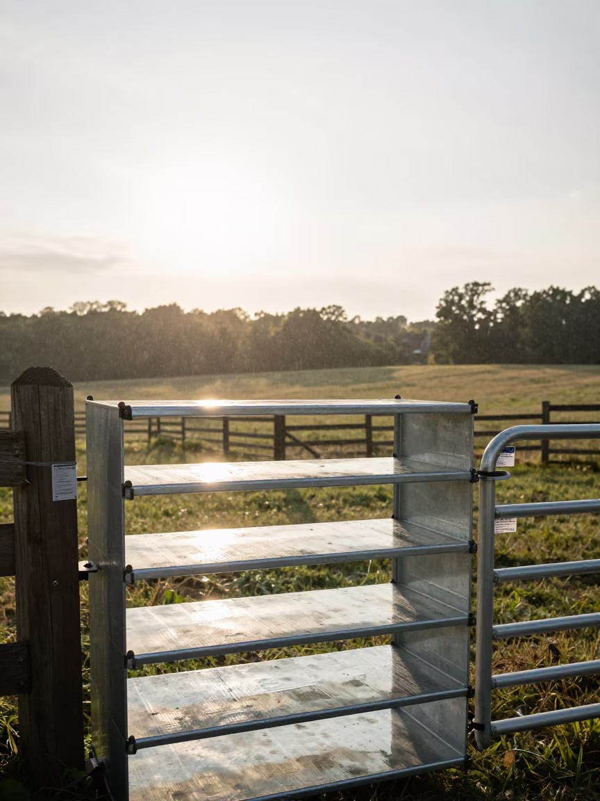 Galvanized Shelf with Hose Cap and Labels in beside a pasture gate in New Jersey