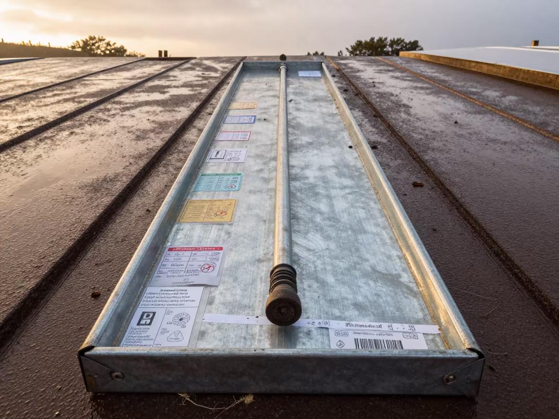Galvanized Thermometer Board Under Rainy Evening Light in at a stockyard loading ramp in Rio Grande do Sul