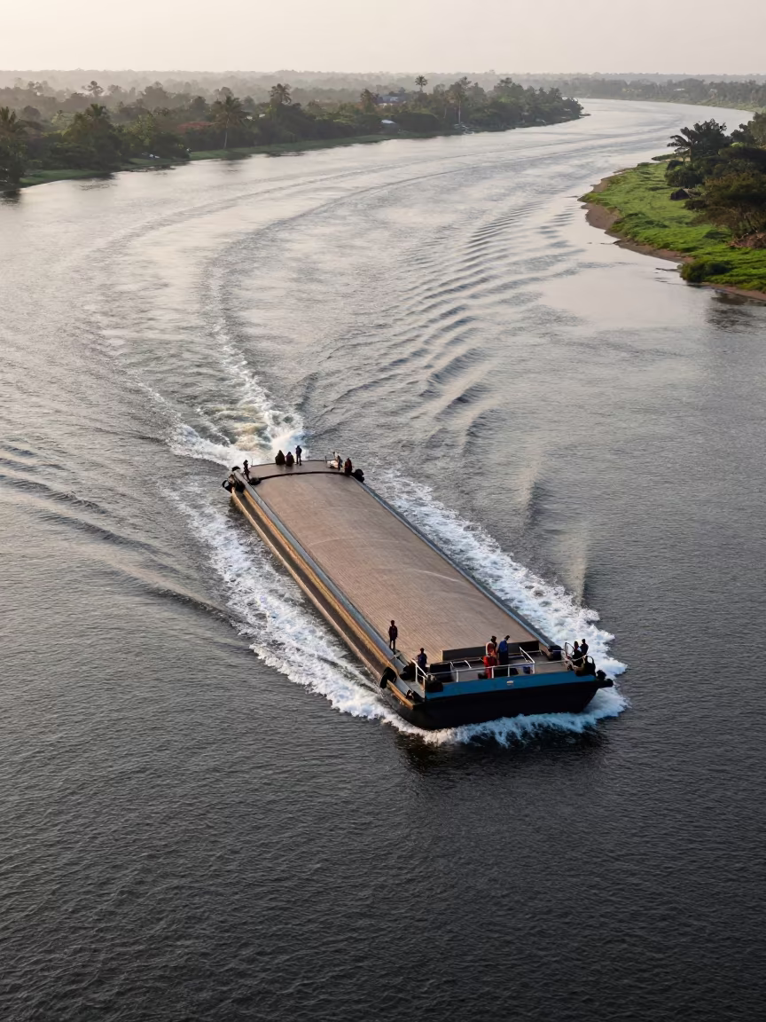 Gambia River Barge Wakes Morning Sun Shower in in Gambia