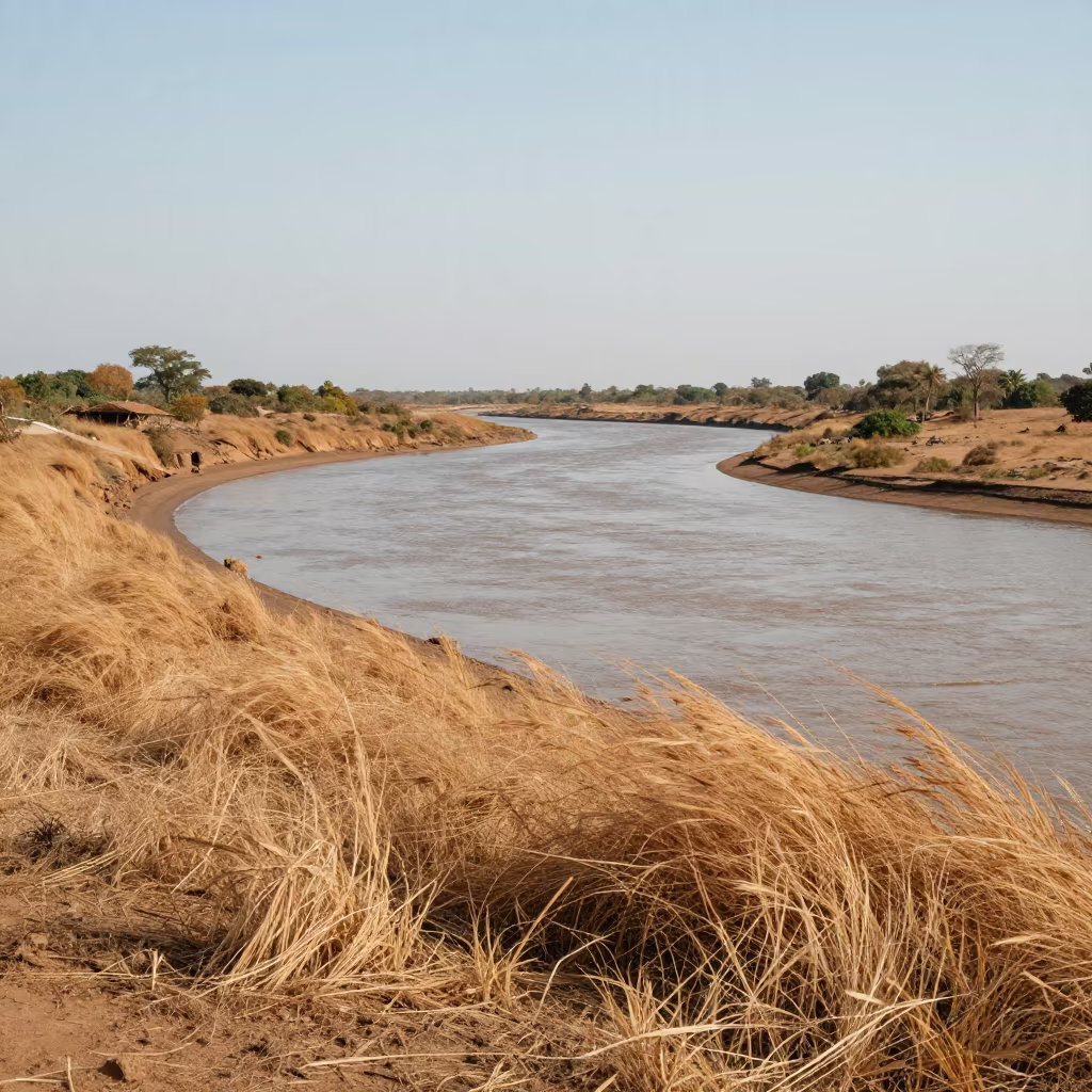 Gambia River Meanders Through Dry Floodplain in along a wave-cut shoreline in Gambia