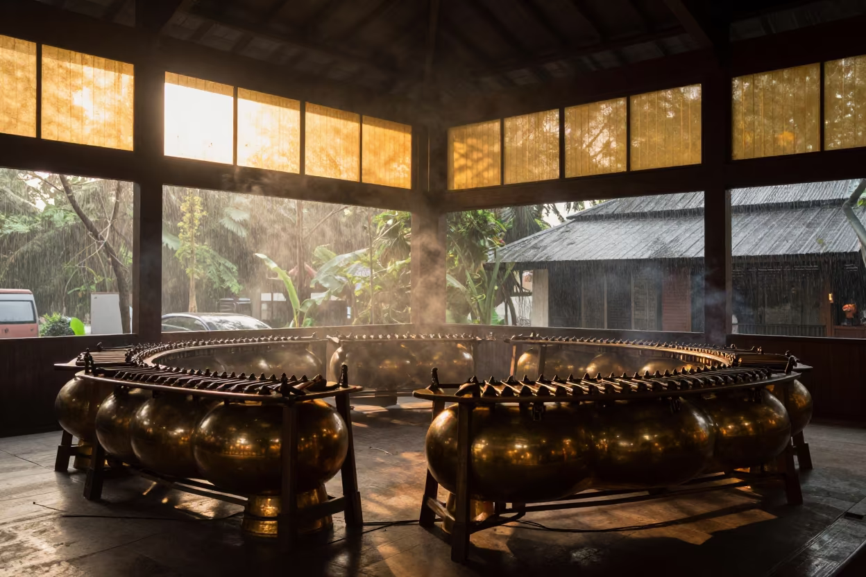 Gamelan Bronze Bar Glowing in Jakarta Rehearsal Light in on a festival main stage in Jakarta
