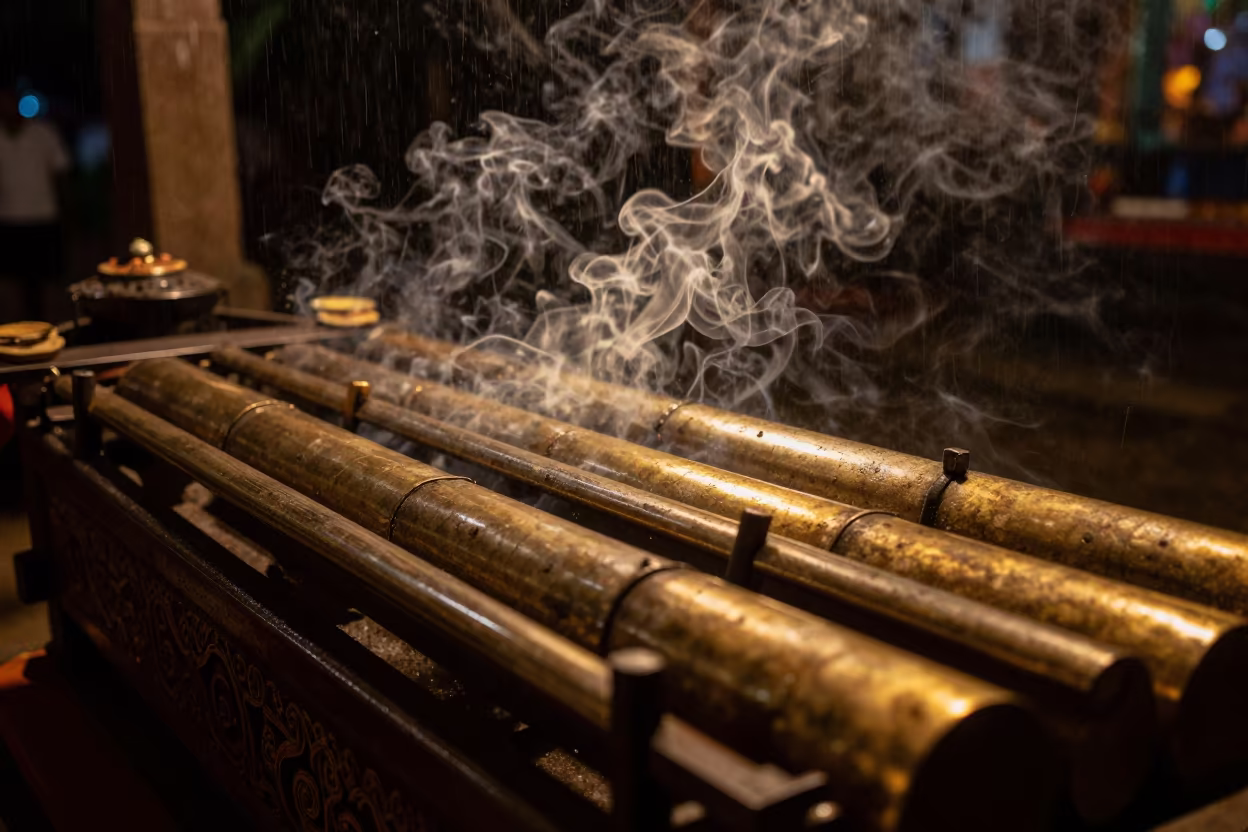 Gamelan Bronze Bar Glowing in Midnight Rehearsal in in a shrine courtyard in Menteng, Jakarta