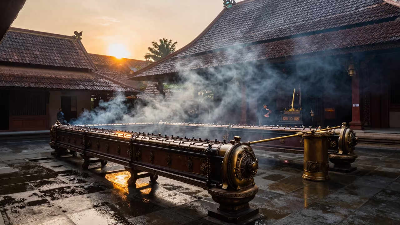 Gamelan Bronze Bar Glowing in Jakarta Shrine Courtyard in in a shrine courtyard in Jakarta