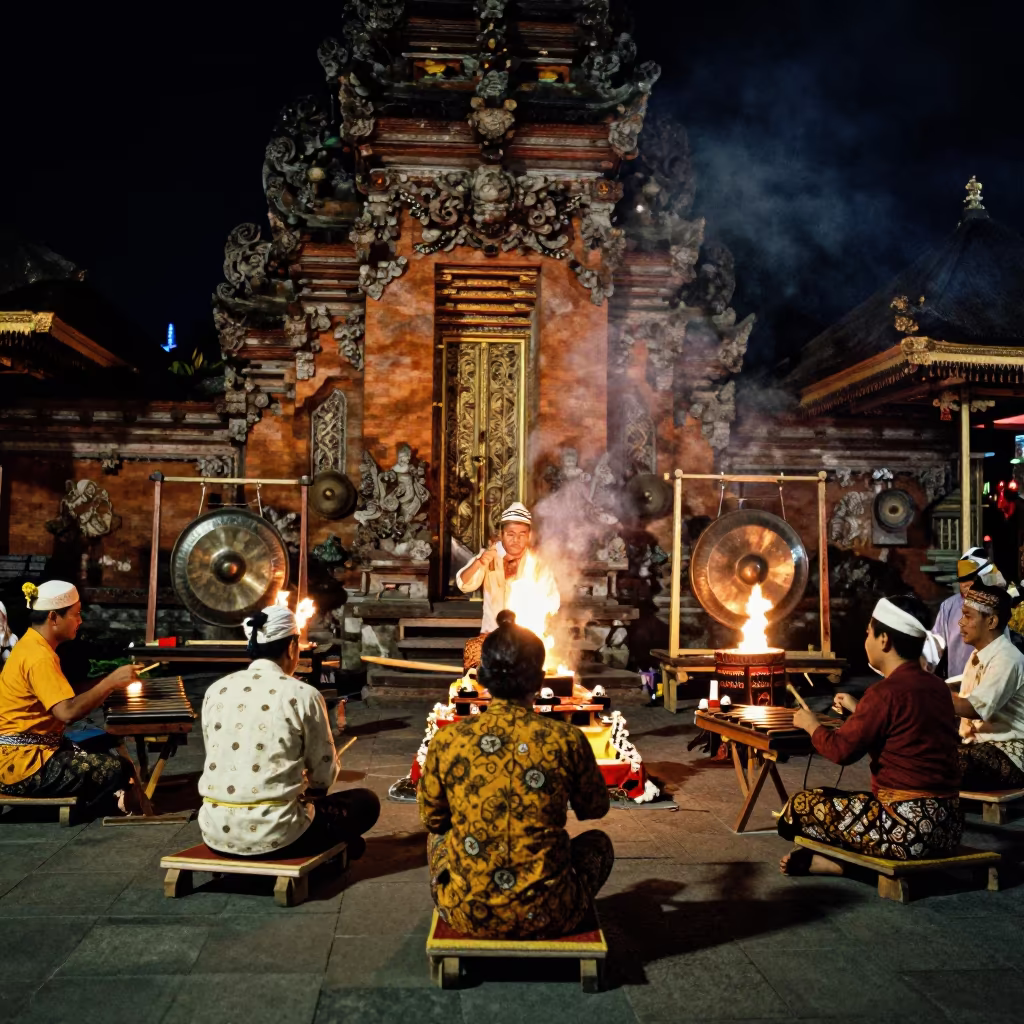 Gamelan Ensemble Performing in Bali Temple Courtyard in in a shrine courtyard in Yogyakarta