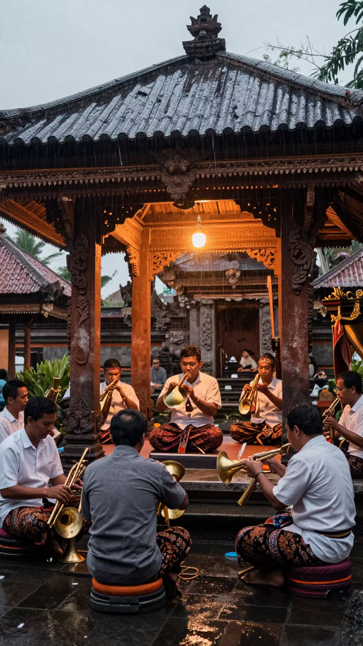 Gamelan Ensemble at Twilight in Balinese Pavilion Jakarta in in a temple precinct in Senopati, Jakarta
