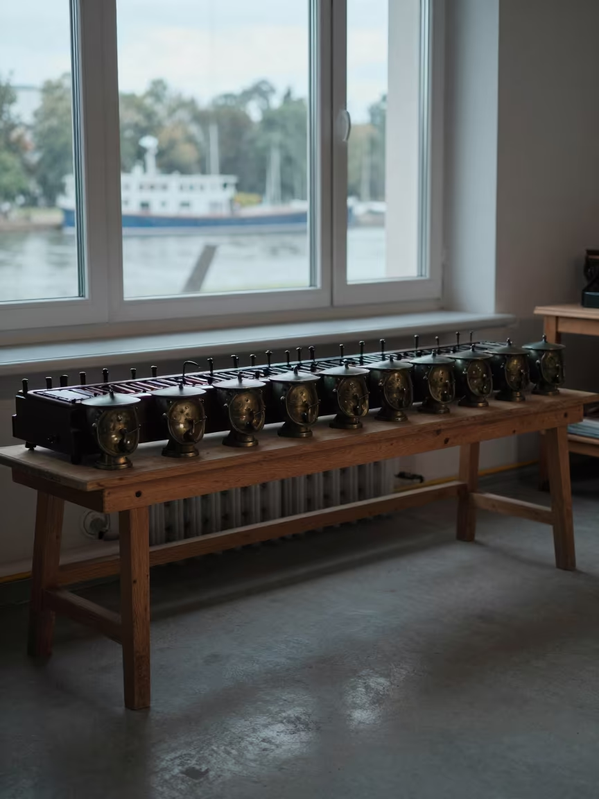 Gamelan Instruments on Shelf at Dawn in on a workshop shelf near Charlottenburg, Berlin