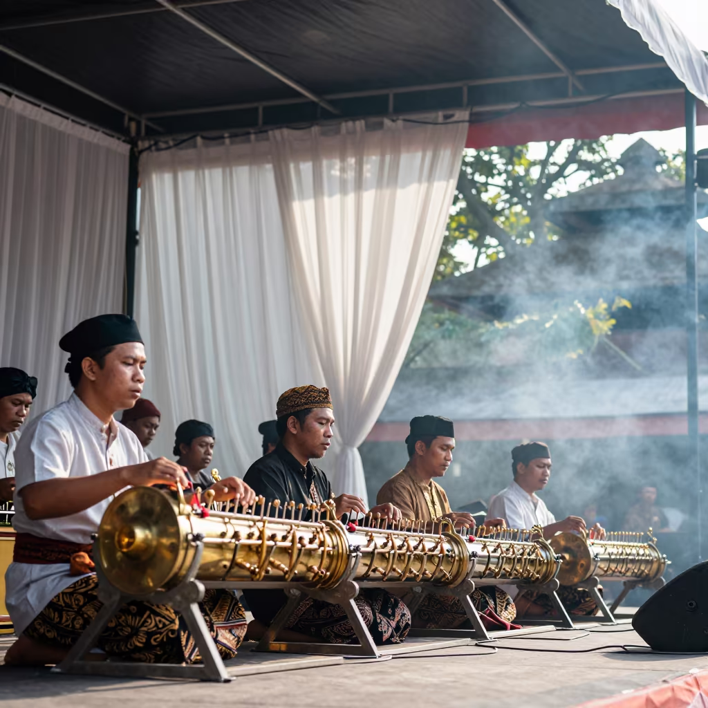 Gamelan Musicians Perform Sekaten Festival in Yogyakarta in on a festival main stage in Yogyakarta
