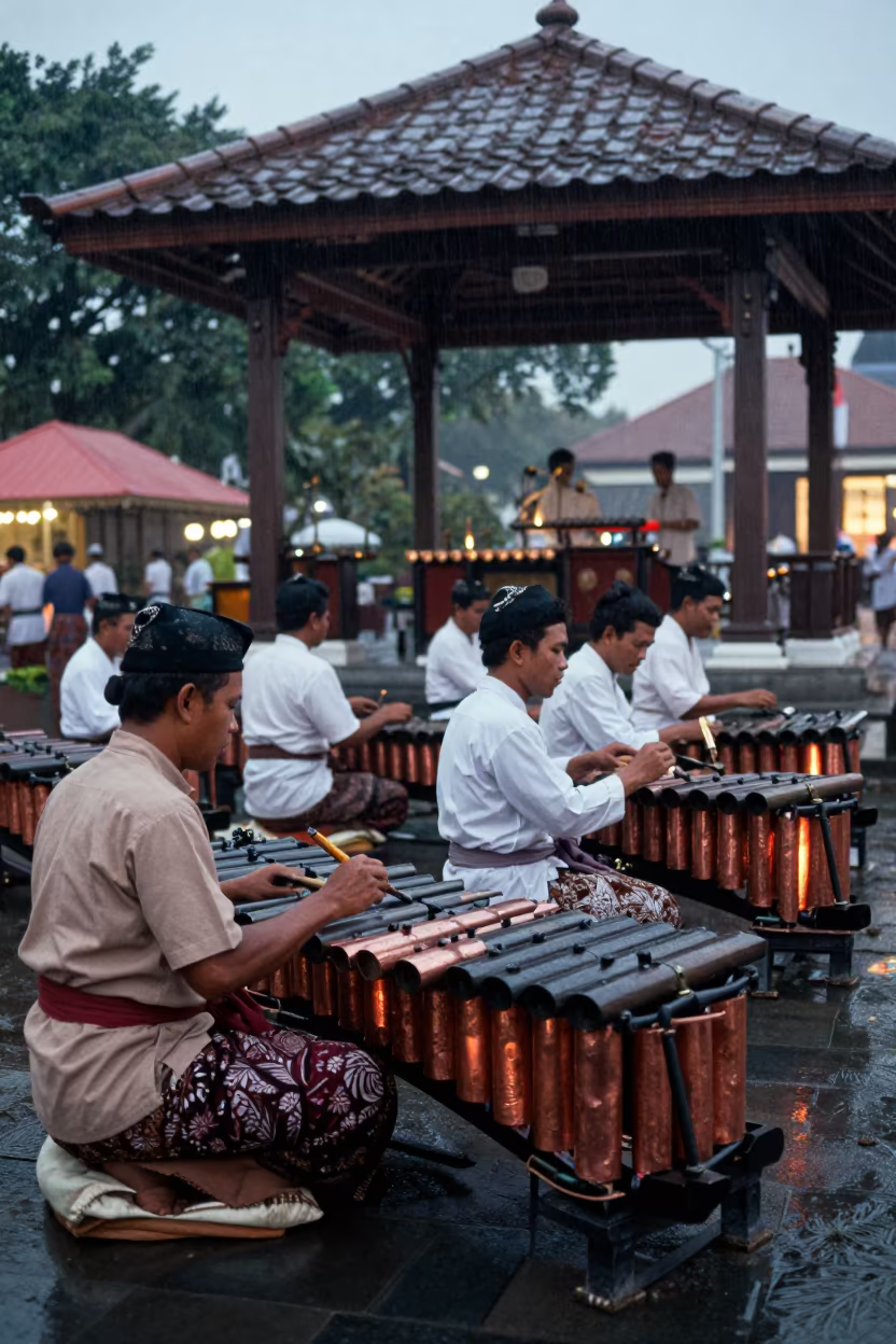 Gamelan Musicians Performing Bronze Instruments in Denpasar Square in at a public square during a festival in Denpasar