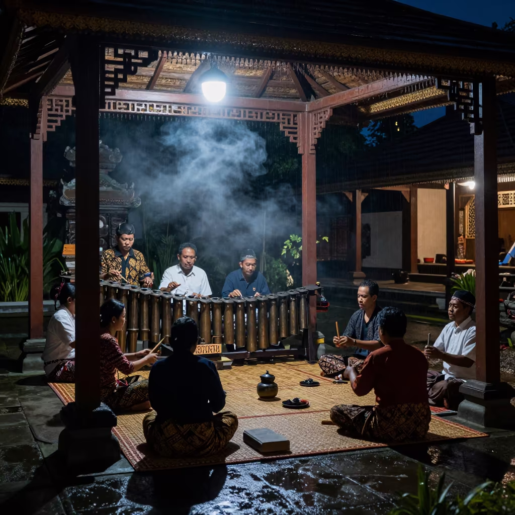 Gamelan Musicians Playing Bronze Under Moonlight in in a shrine courtyard in Yogyakarta