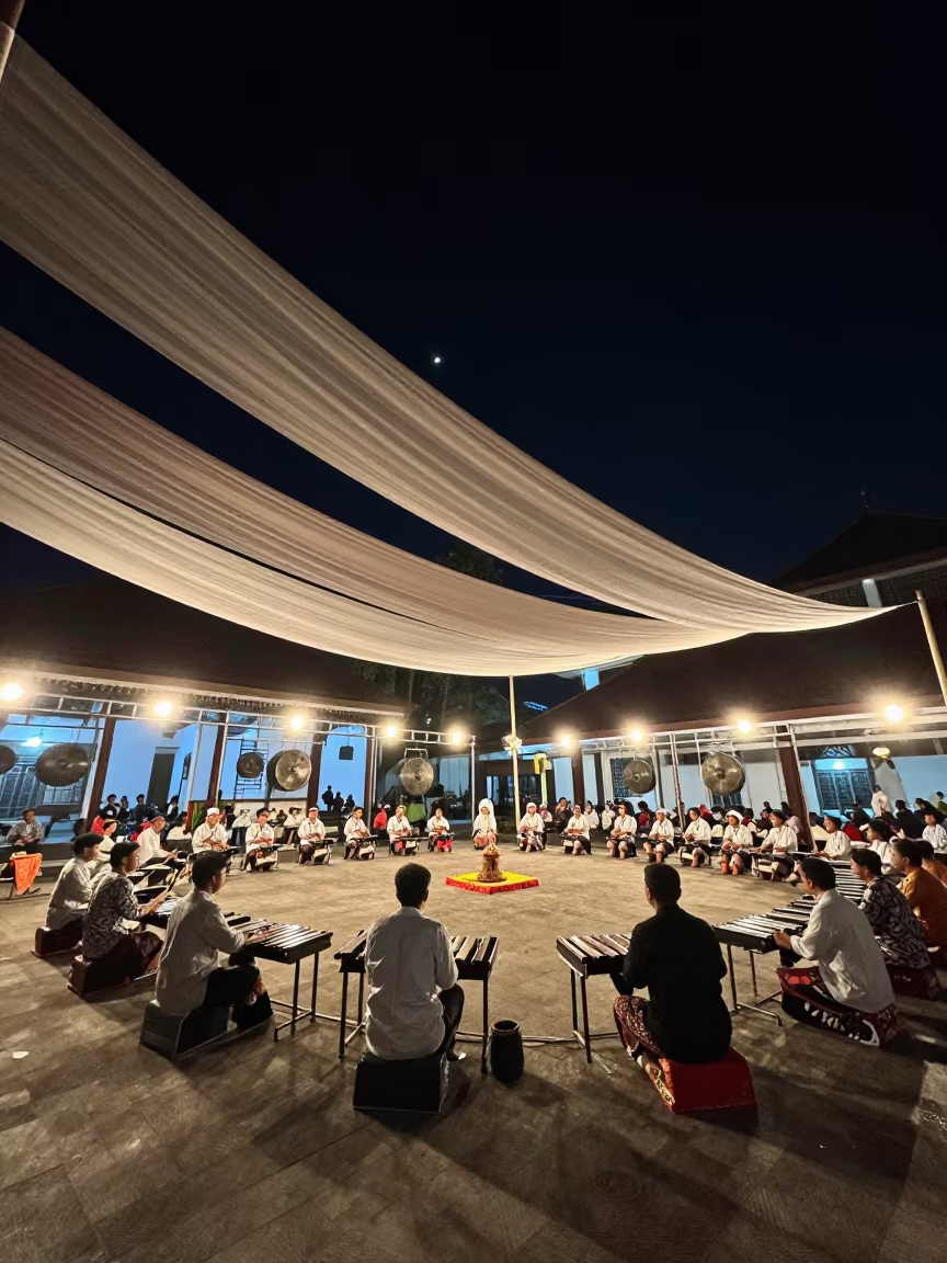 Gamelan Performance at Yogyakarta Mosque Shrine Courtyard in in a shrine courtyard in Yogyakarta