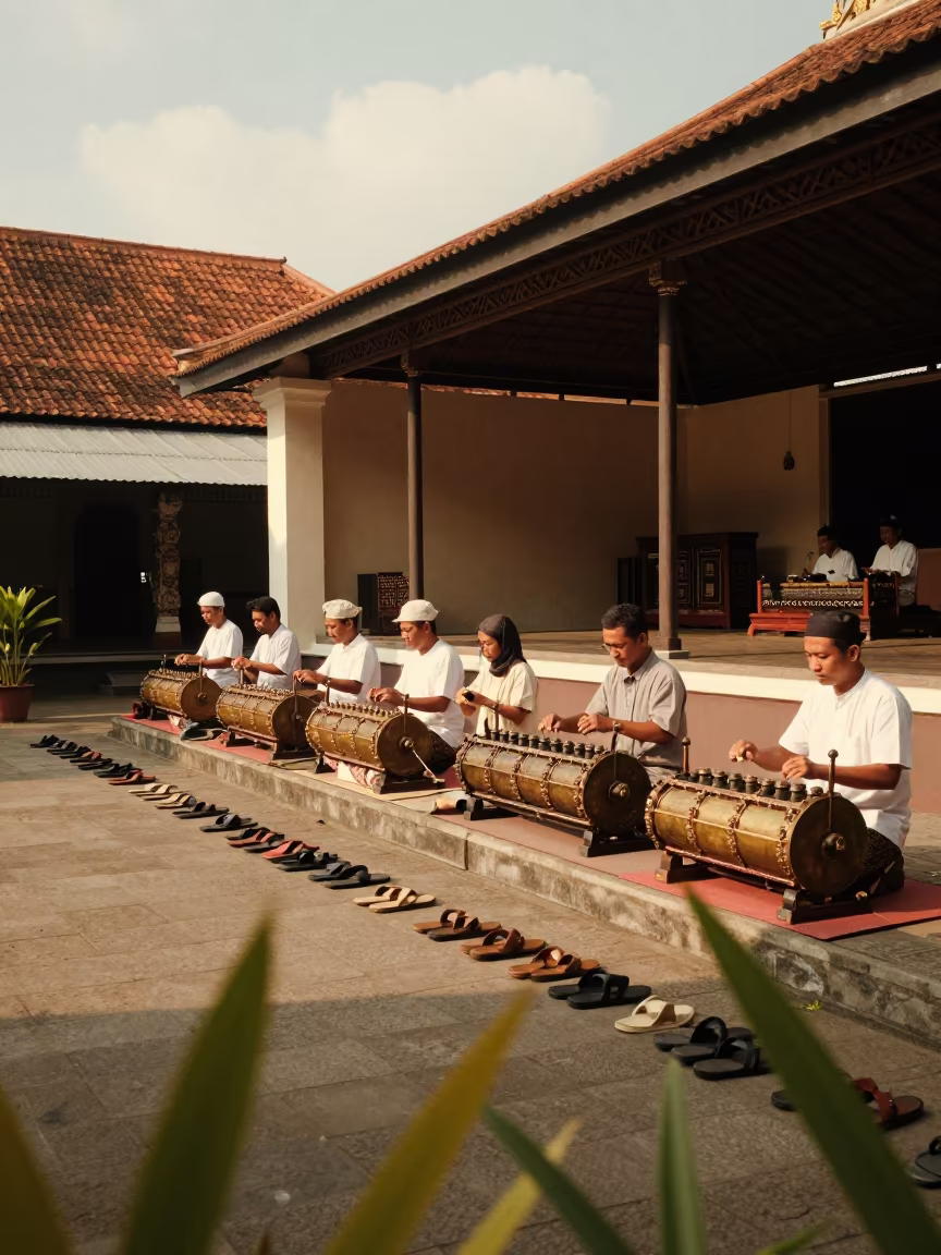Gamelan Rehearsal Sandals Outside Shrine Jakarta in in a shrine courtyard in Jakarta