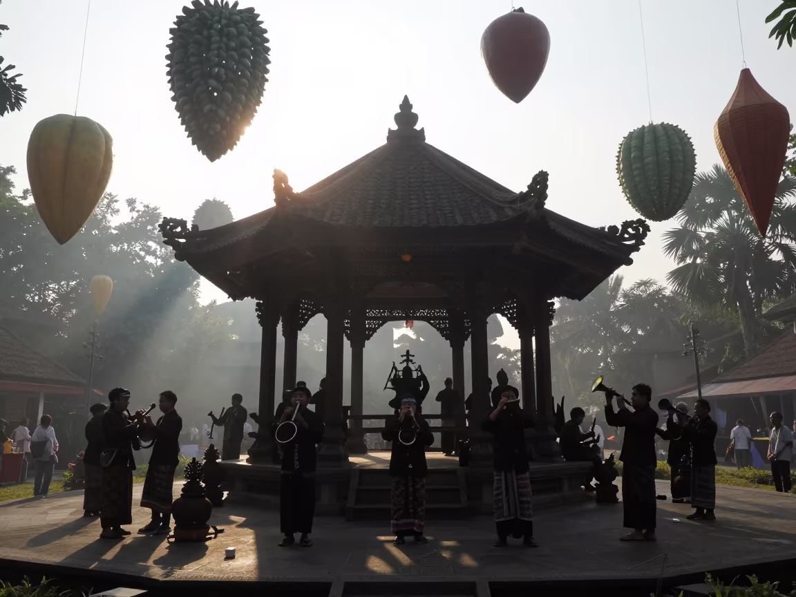 Gamelan Silhouettes Under Giant Floating Fruit in in a temple precinct in Blok M, Jakarta