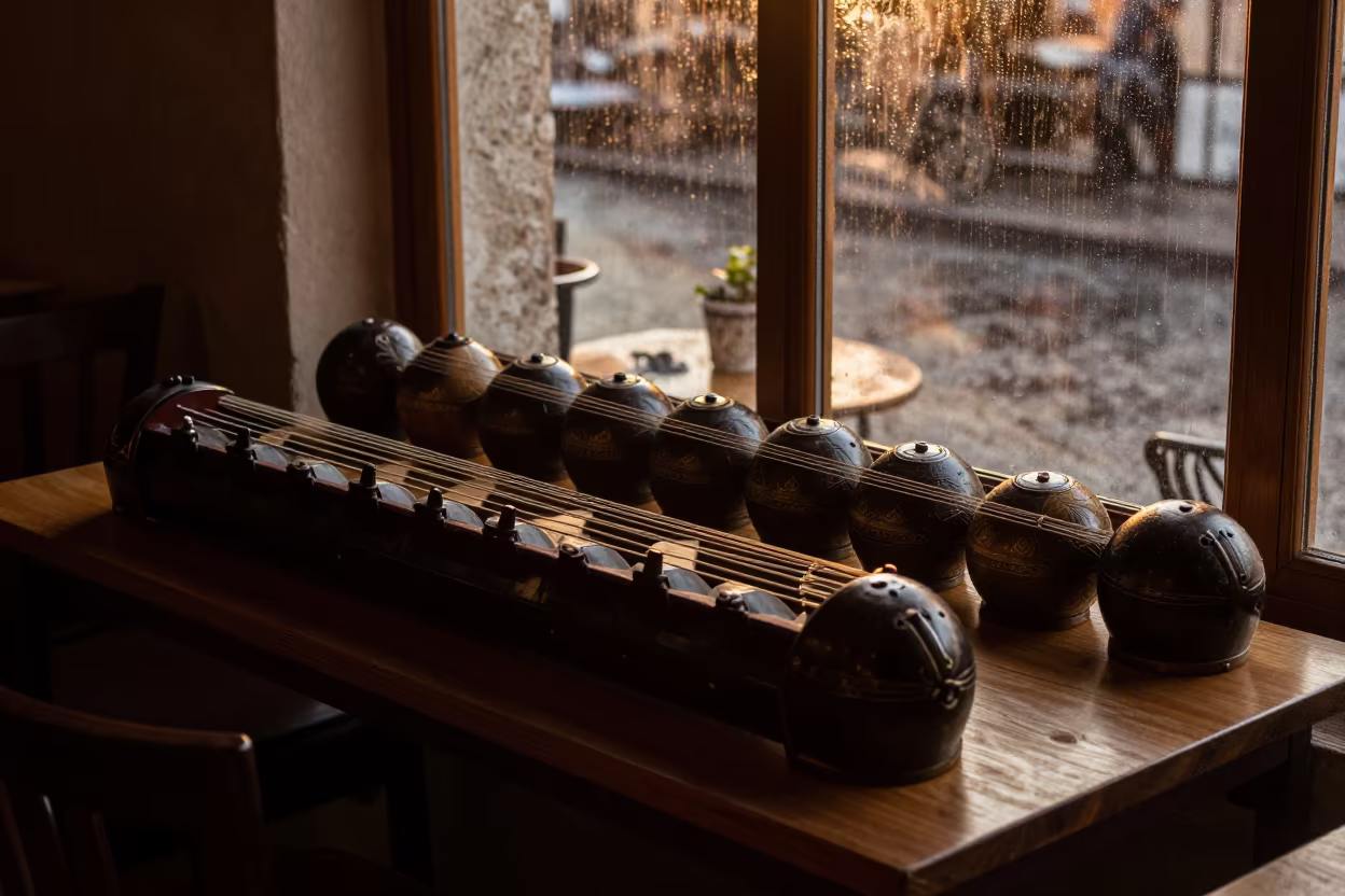Gamelans on Cafe Table Sunset Window Light in on a cafe table by a window in Aksaray