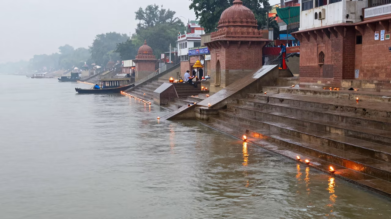 Ganges Aarti Lamps Rainy Afternoon Fog in at a shrine entrance in India