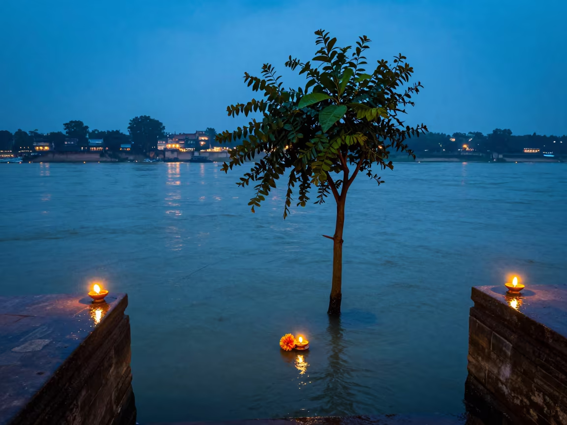 Ganges Evening Aarti Lamps and Towering Flower in at the edge of a sacred pool in India