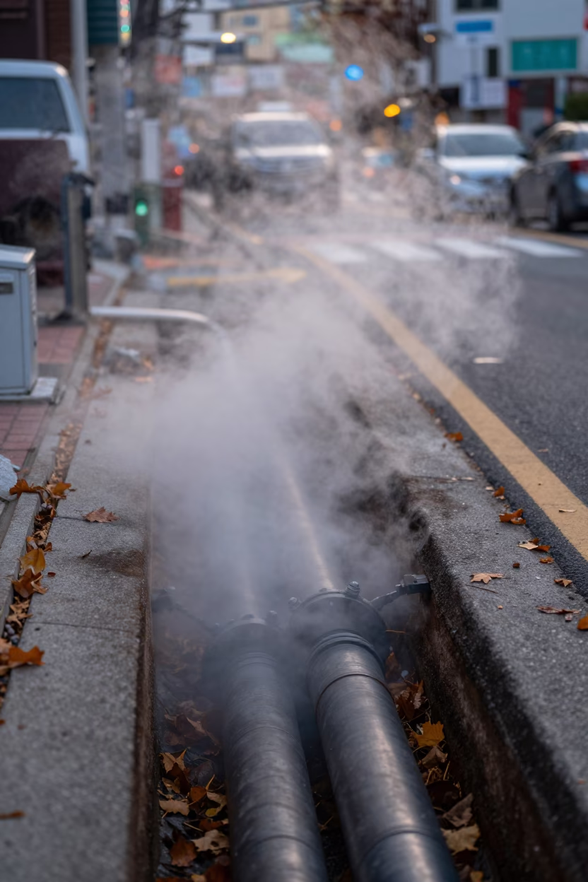 Gangnam District Heating Pipes Steaming Through Autumn Leaves in Busan Early Evening in in Busan, South Korea