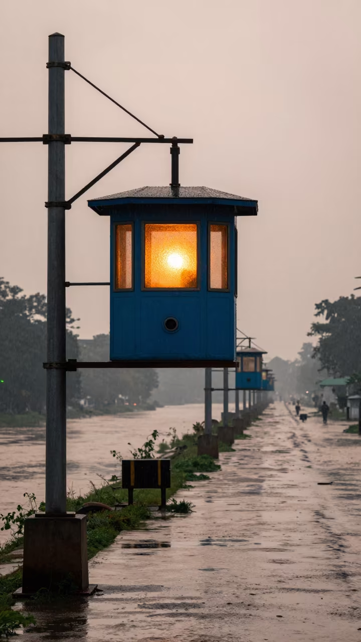 Gantry Cabin Window Dawn Rain Khulna Levee in along a levee path above floodwater near Khulna