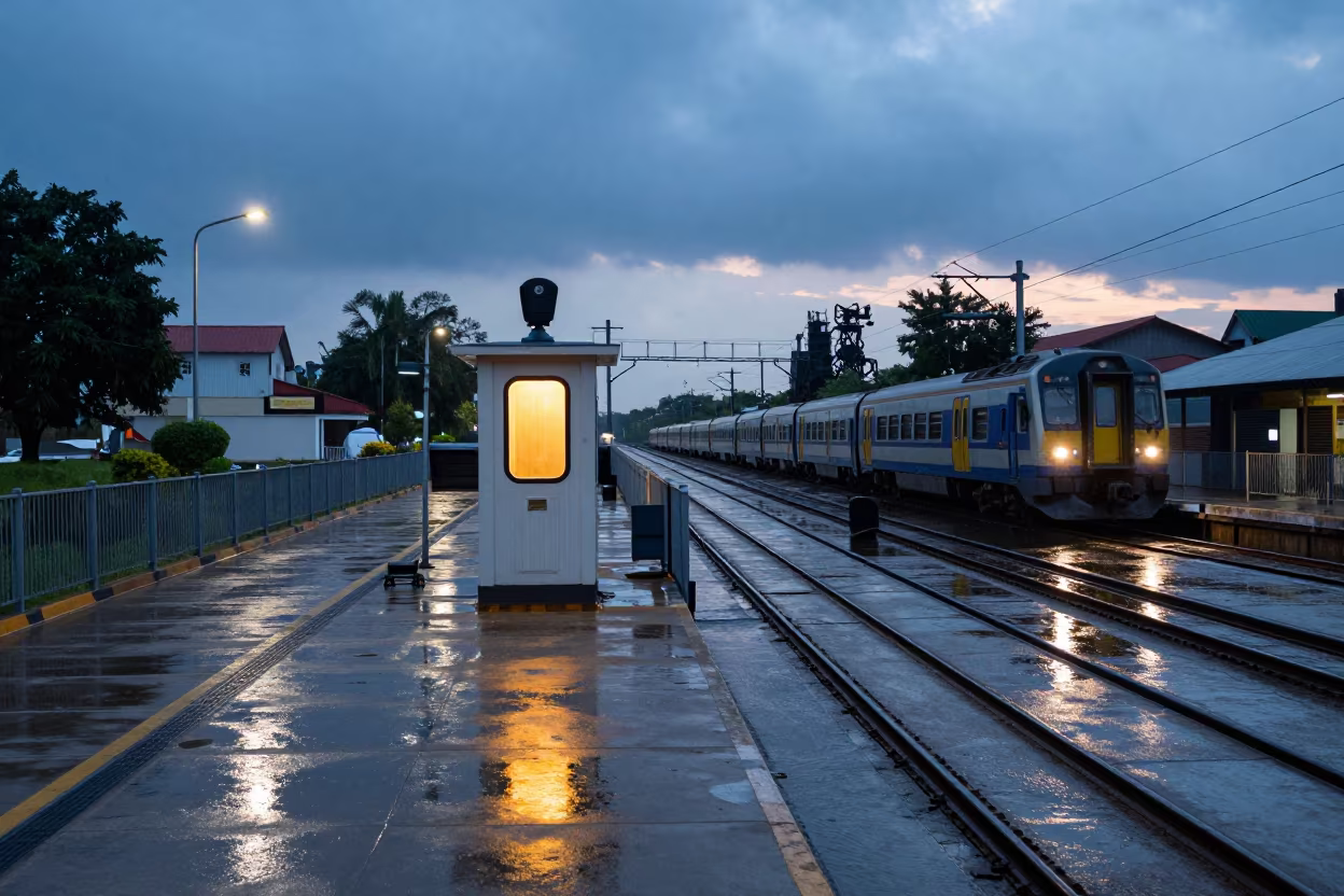 Gantry Cabin Window Glowing Over Canal Lock Train in at a canal lock chamber near Luanshya