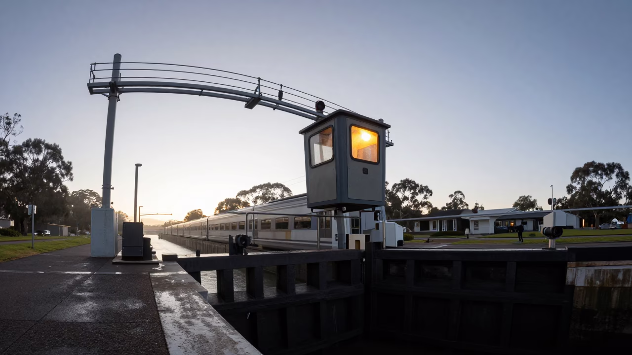 Gantry Cabin Window Glowing Over Train at Canal Lock in at a canal lock chamber in Australia