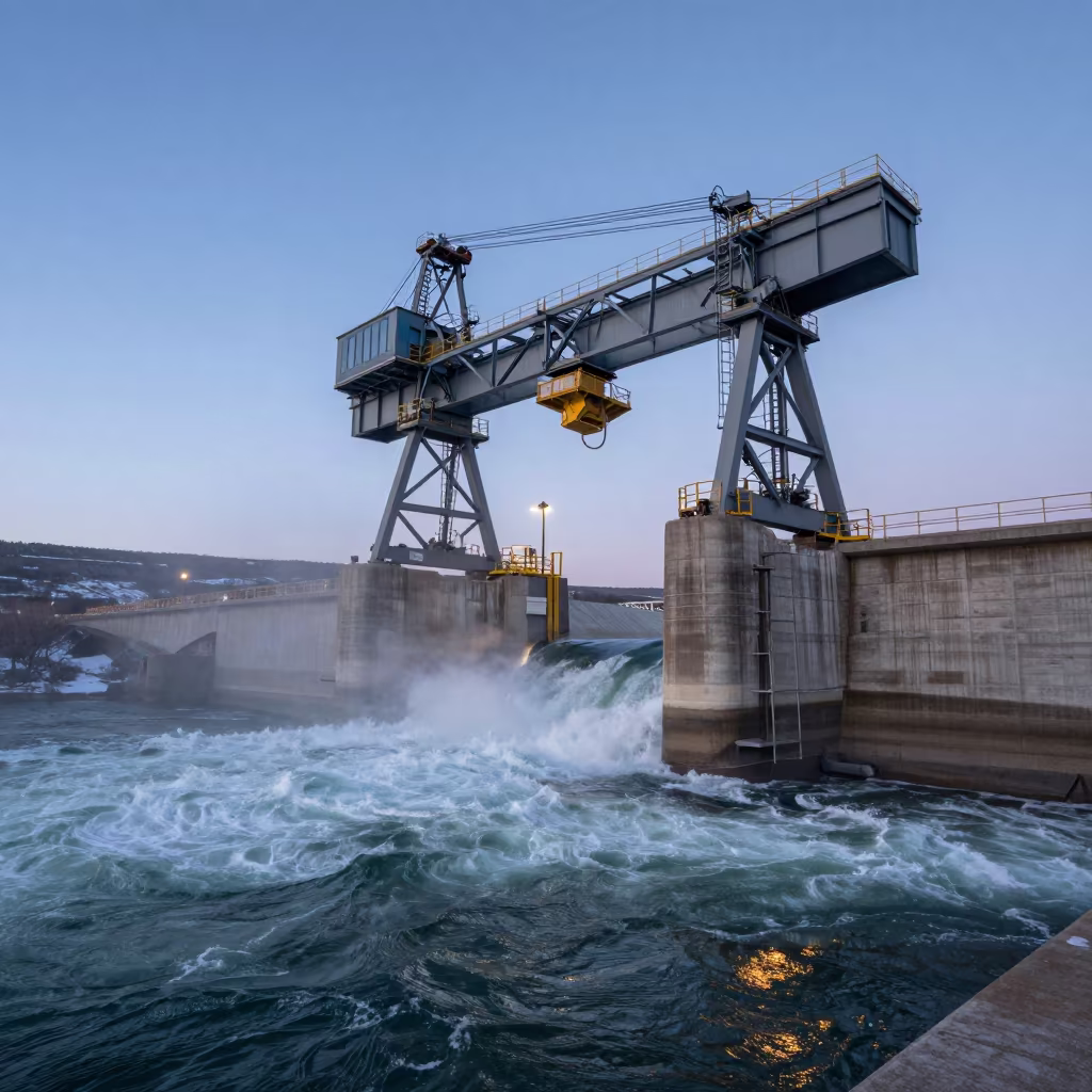 Gantry Crane Above Turbulent Water at Blue Hour in along concrete walls above turbulent water in Utah