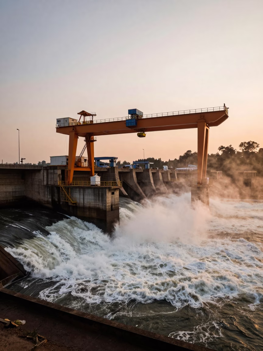Gantry Crane Over Roaring Dam Spillway Burundi in along a dam spillway in Burundi