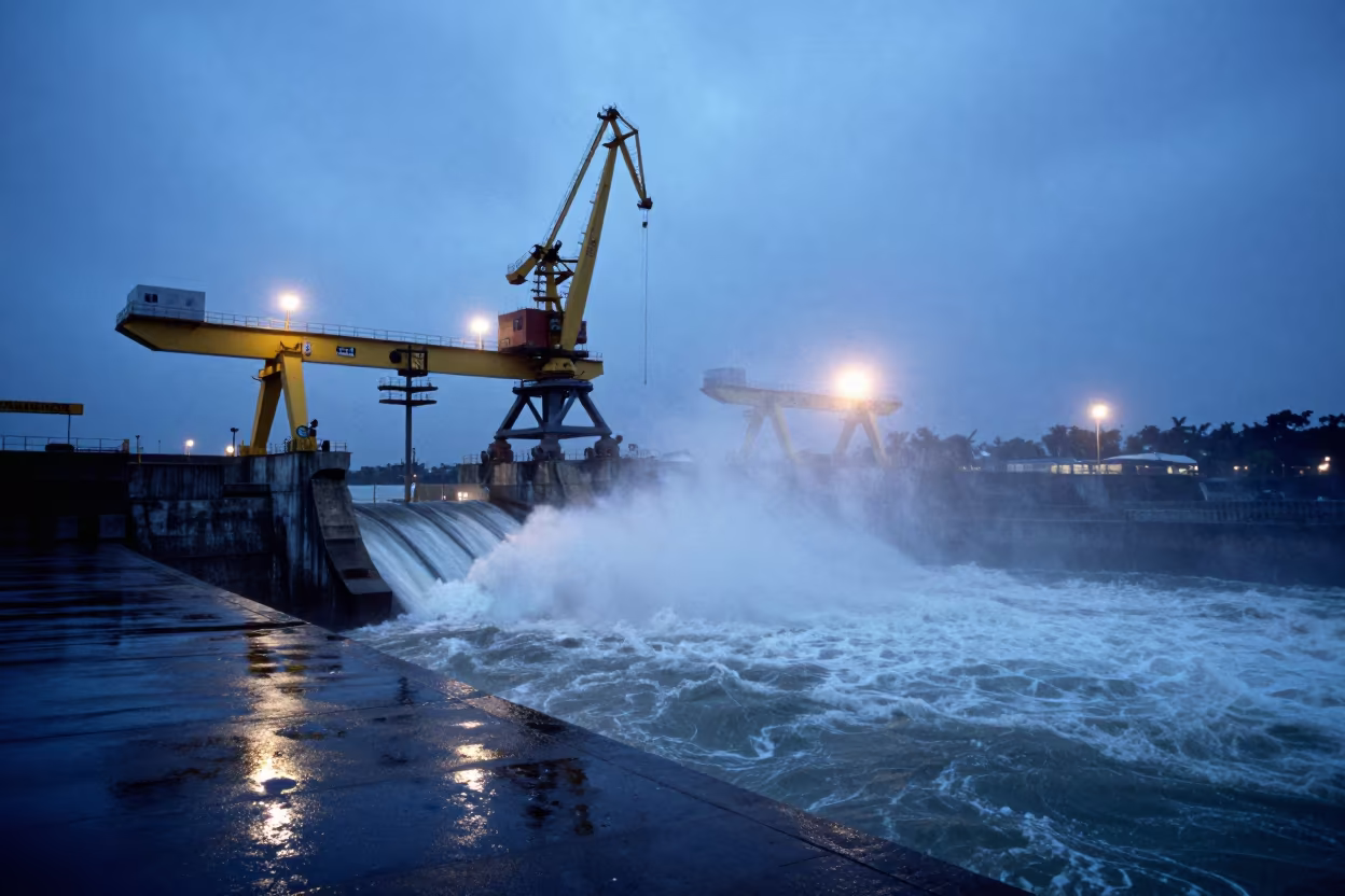 Gantry Crane Over Roaring Spillway in Twilight in above a spillway chute with spray rising in Venezuela