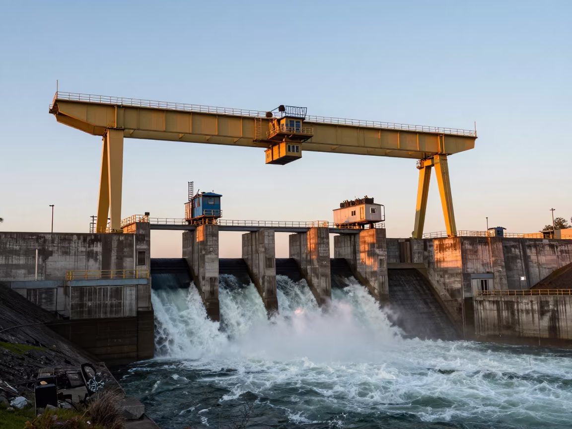 Gantry Crane Over Roaring White Water at Sunset in along a dam spillway near Catia La Mar