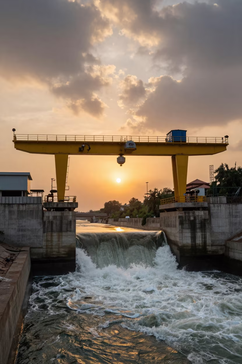 Gantry Crane Over Roaring Water at Sunset in along concrete walls above turbulent water in Mohali